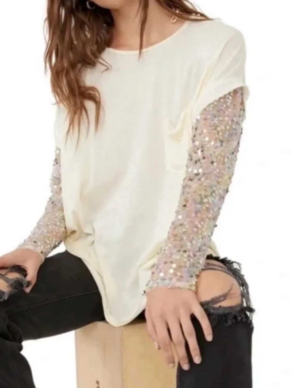 Free People Celine Sequin Sleeve Scoop Neck Top